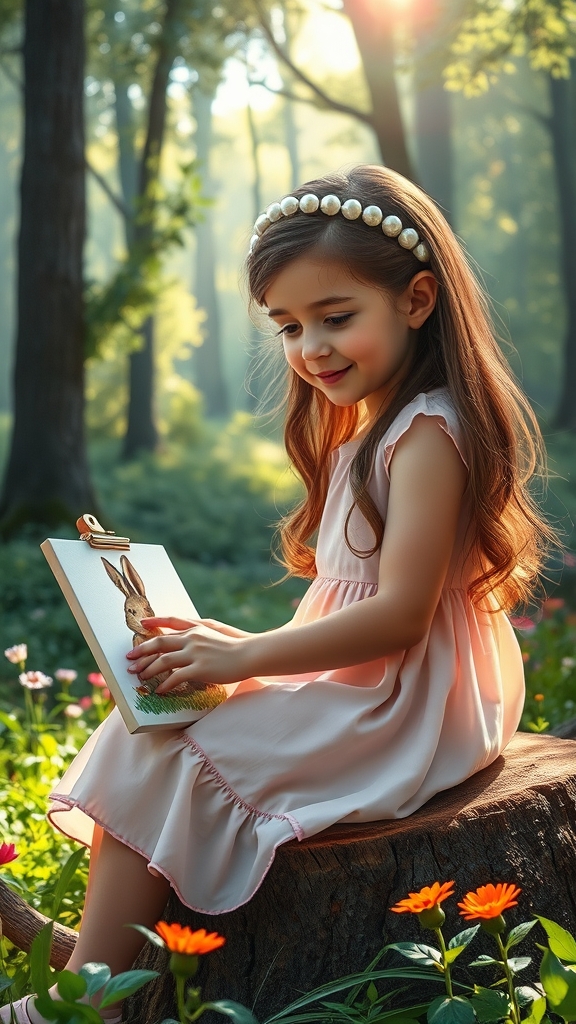 یک دختر با لباسی عروسکی صورتی یه پست آن بند می خورد در حال نقاشی یک خرگوش در جنگل دختره موهای بلند که تل سفید مرواریدی روی ا است درجنگل 2