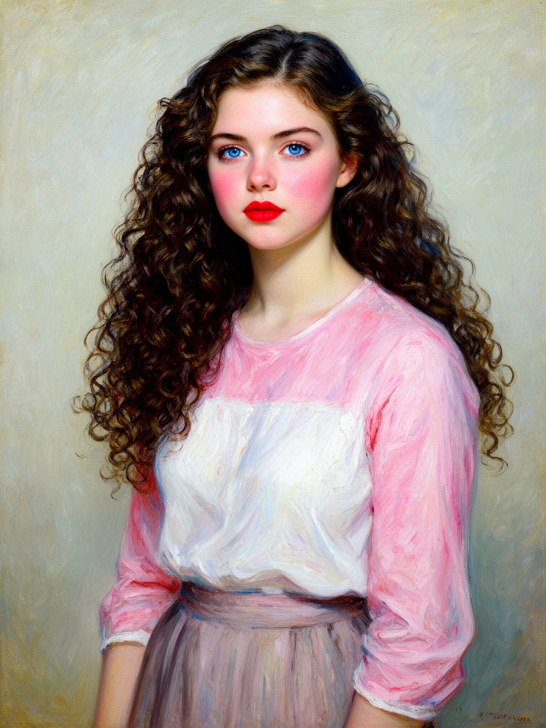 دختری زیبا با چشمانی به رنگ آبی آسمانی و مو های بلند و فر دار به رنگ قهوه تیره که به صورت گوجه بست و صورتی سفید و صاف و لبی همچون گل قرمز و بینی کوچک و لباس استایل روزانه بر تن دارد و به رنگ صورتی پر رنگ و سفید به سبک پست امپرسیونیسم 1