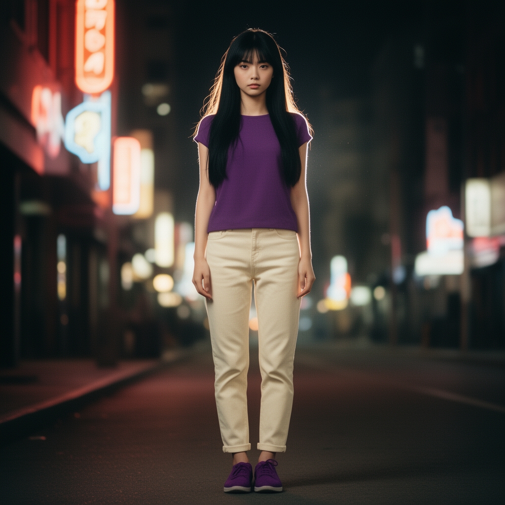 یه دختر 
۱۸ ساله لاغر با مو های مشکی بلند با چشمانی زیبا با کراپ بنفش و شلوارک کرم کتون با کفش بنفش0