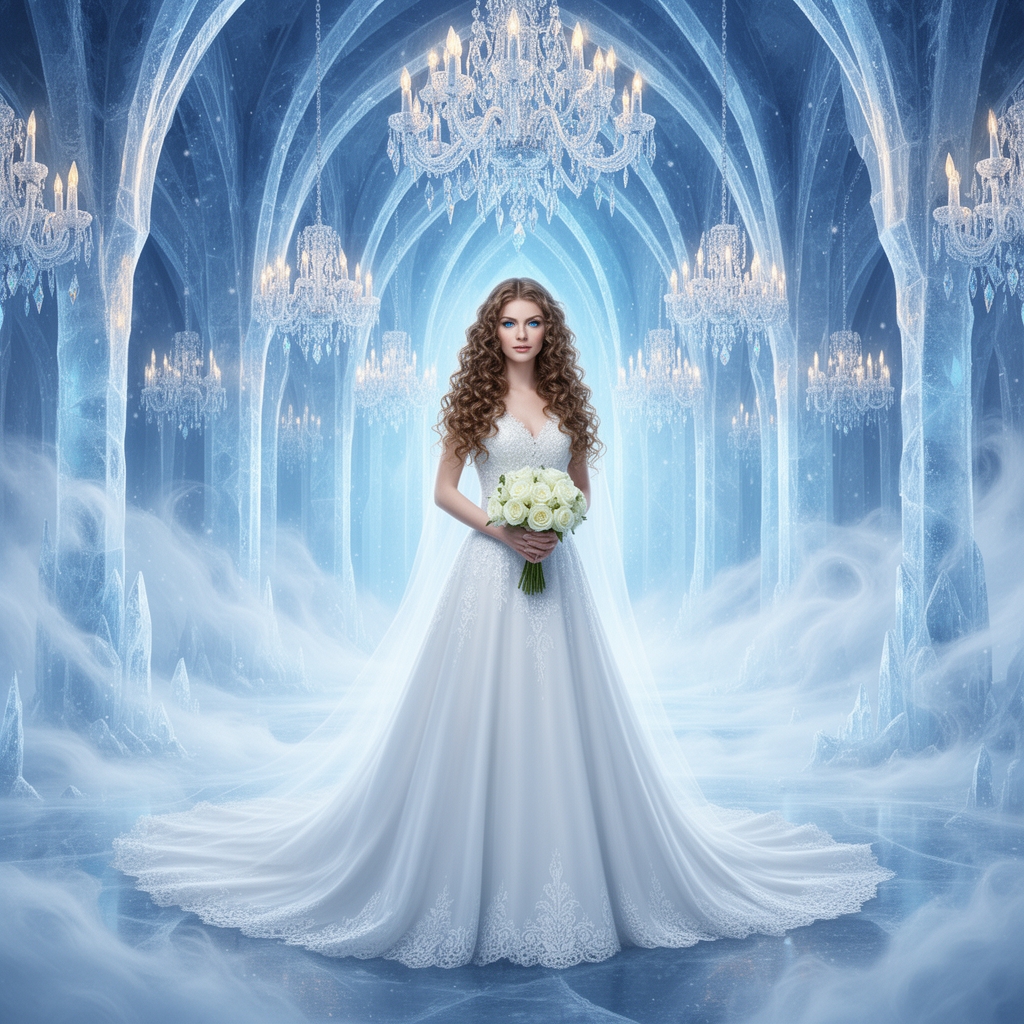 یک زن خیلی زیبا با لباس عروس چشمانی آبی دارد و موهایش بلند کرمی است با لباس عروس بلند سفید و دسته گل سفیدی دردست دارد و در قصر یخی باشکوه است3