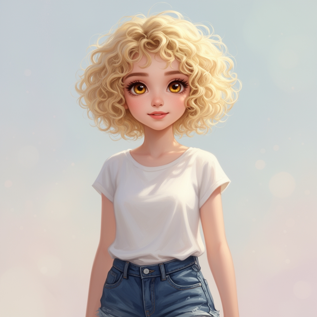 یه دختر نوجوان ۱۸ ساله بسیار زیبا و بامزه که قد کوتاهی دارد و موهای کوتاه کرمی_بلوند رنگ صاف دارد و چشم های بزرگ عسلی رنگ دارد و شلوارک جین و تاپ سفید پوشیده است 2