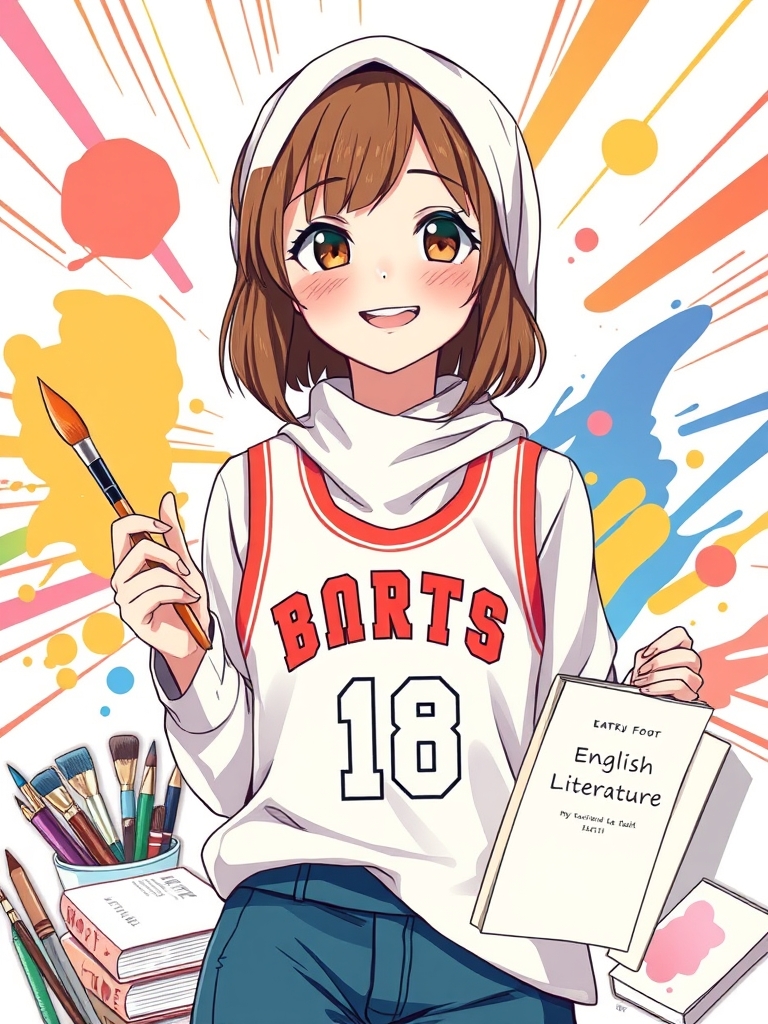 An attractive 18-year-old girl, basketball player and brown-haired, artist painter and loves English language.16