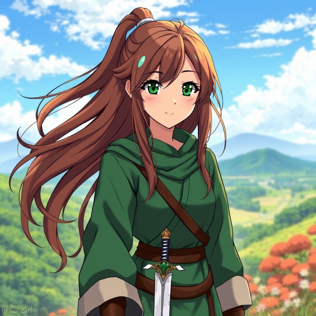 یک دختر با موهای بلند قهوه‌ای و چشمان سبز زیبا با لباس قهرمان و فرمانده به رنگ سبز و قهوه ای در حال لبخند زدن و شمشیر به دست . در یک محوطه زیبا 12