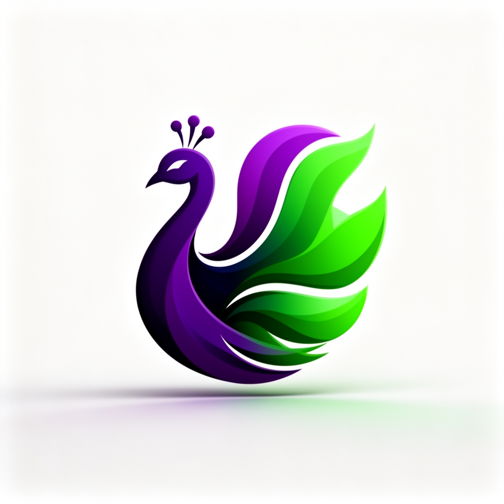 Colorful vector logo in the shape of a peacock bird, designed with soft curved lines, purple and green gradients, simple white background.2