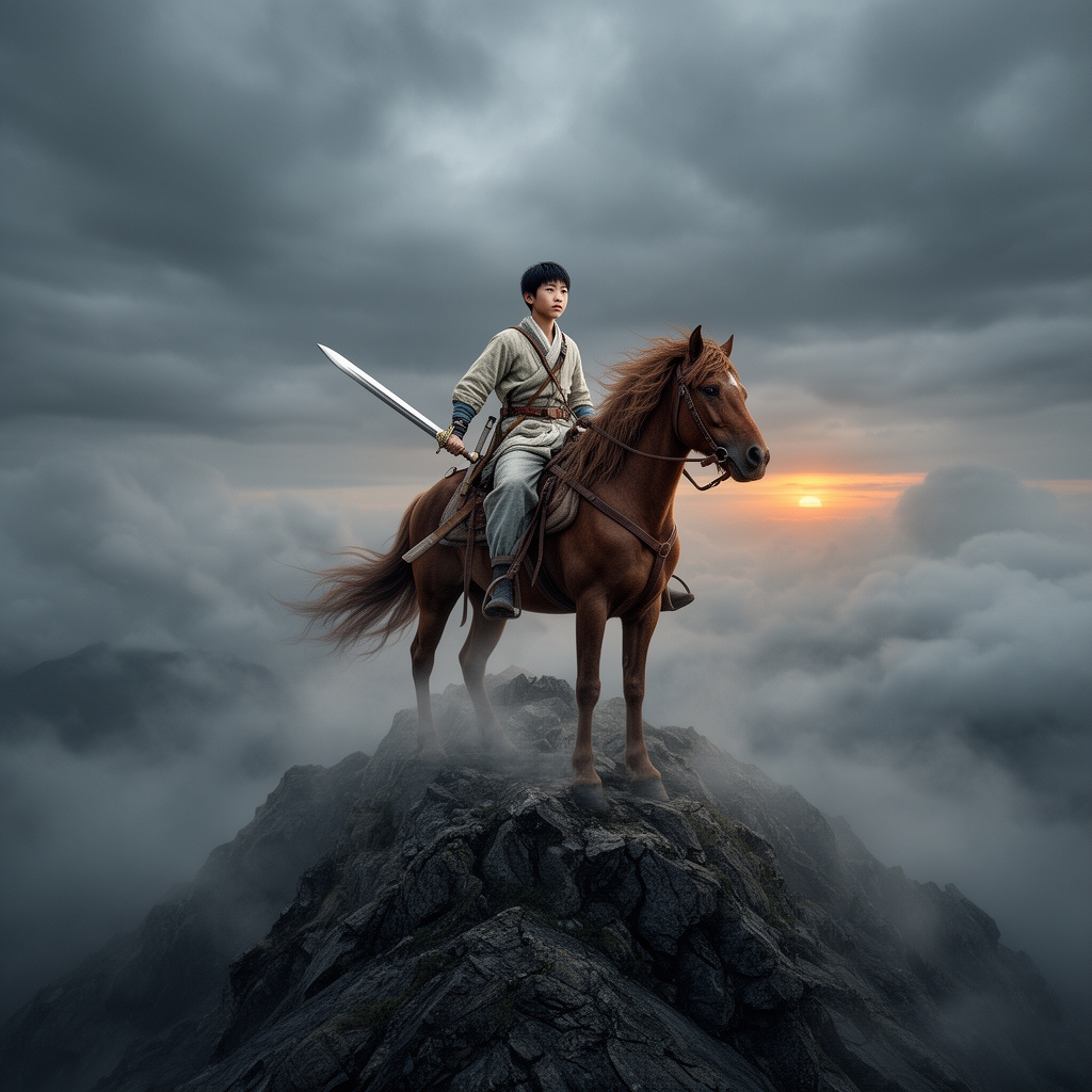 یک بچه نوجوان ۱۴ ساله چینی روی قله ای هوا ابری و ناسالم و ان نوجوان سوار بر اسبو بازره و شمشیر5