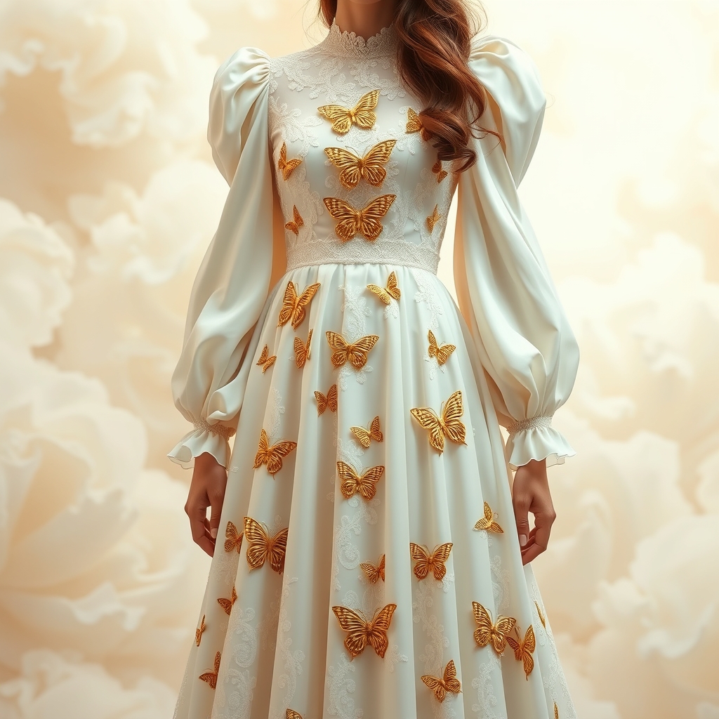 زیباترین لباس پفی آستین پفی توری کرمی اکلیری که بر رویش پروانه‌های طلایی حکاکی شده باشد در جهان حتی در رویایی که شکوه خدا را داشته باشه که نظیر آن در دنیا نباشد که همه از شدت زیبایی بهش سجده کنند
20