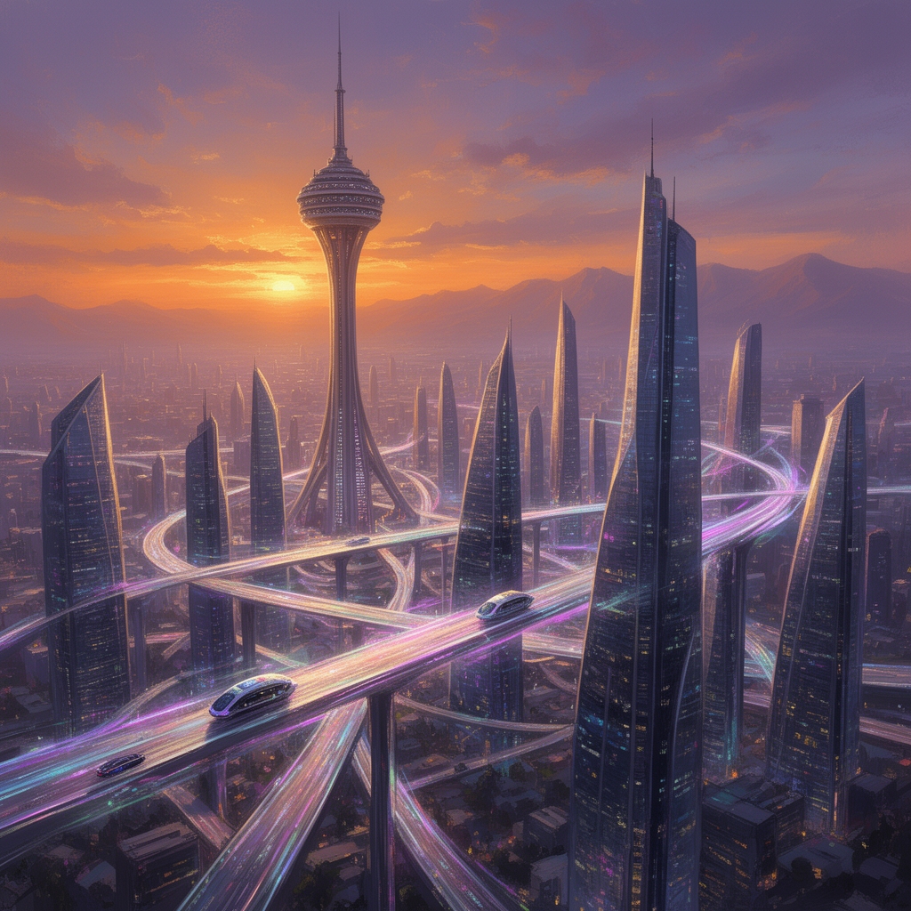 منظرهای از شهر تهران در آینده دور، برج میلاد در میان ساختمانهای شیشهای بلند، اتوبانهای هوایی، غروب آفتاب نارنجی و بنفش.10