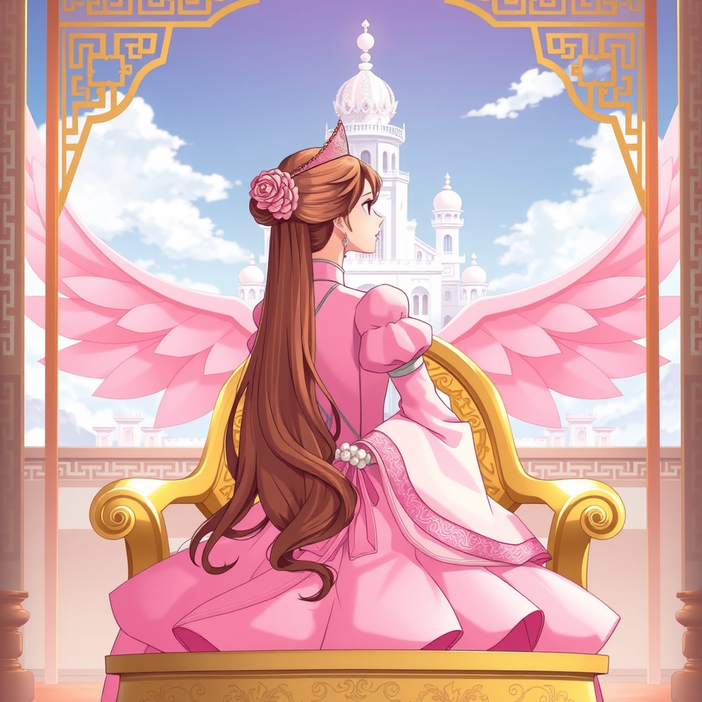 ملکه ای چینی که لباس پفی صورتی پر رنگ با تاج صورتی کم رنگ مو های بلند باز قهوه ای پررنگ او روی صندلی طلایی است واز بیرون به قصر زیبای سفید که بالایش صورتی کم رنگ است نگاه میکند0