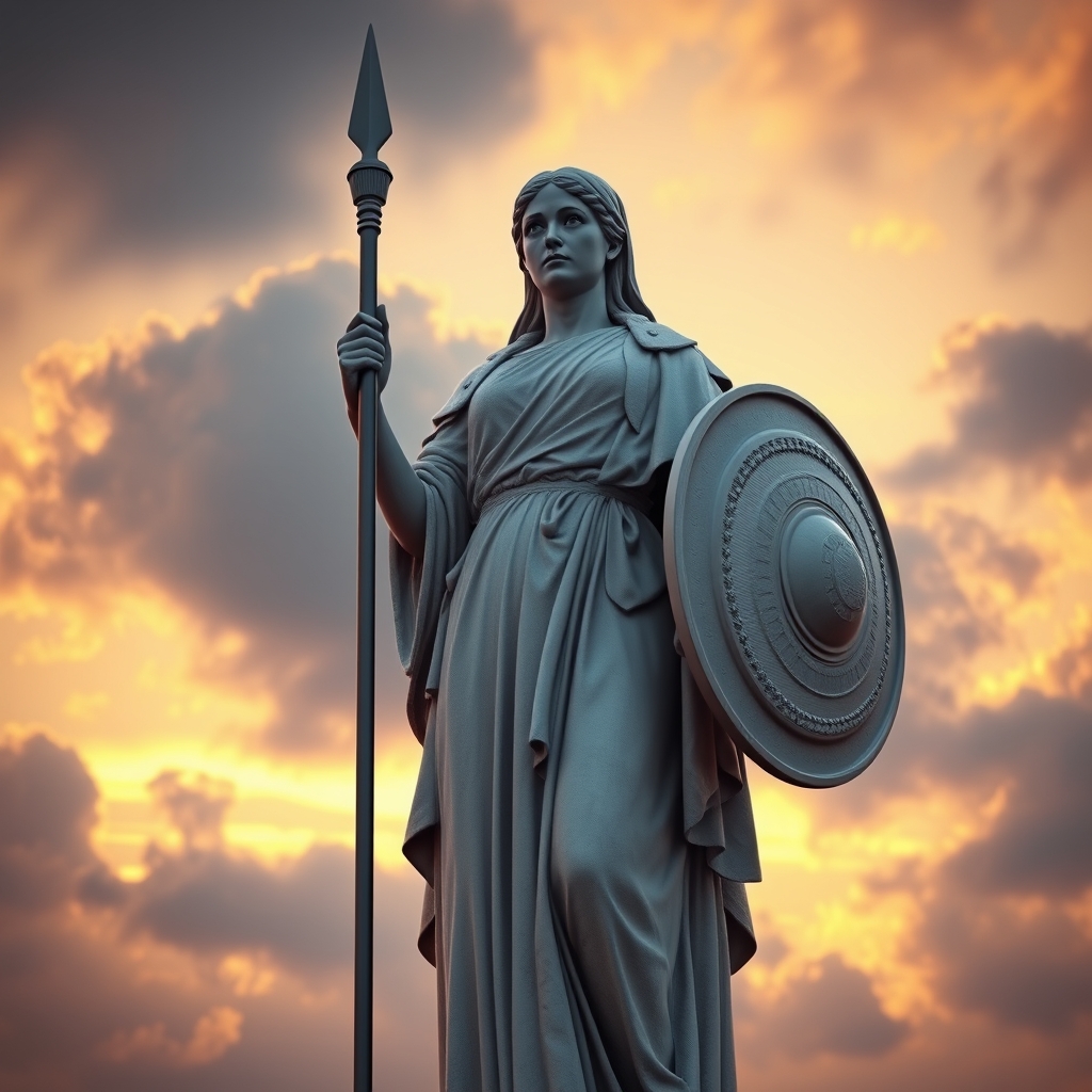 The image shows a statue of a female figure holding a spear and a shield, set against a dramatic sunset sky with clouds. The statue is wearing intricate, classical-style drapery.11