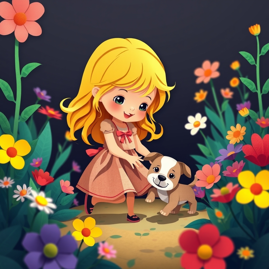 یک نقاشی ایلومیناتیک، پرسونال، the painting illuminate, personal life, colorfully, the cutest and little and   beautiful girl in the flowery garden and Dainamic and playing with she's puppy,hair blund , The image is a dark and light to shine5