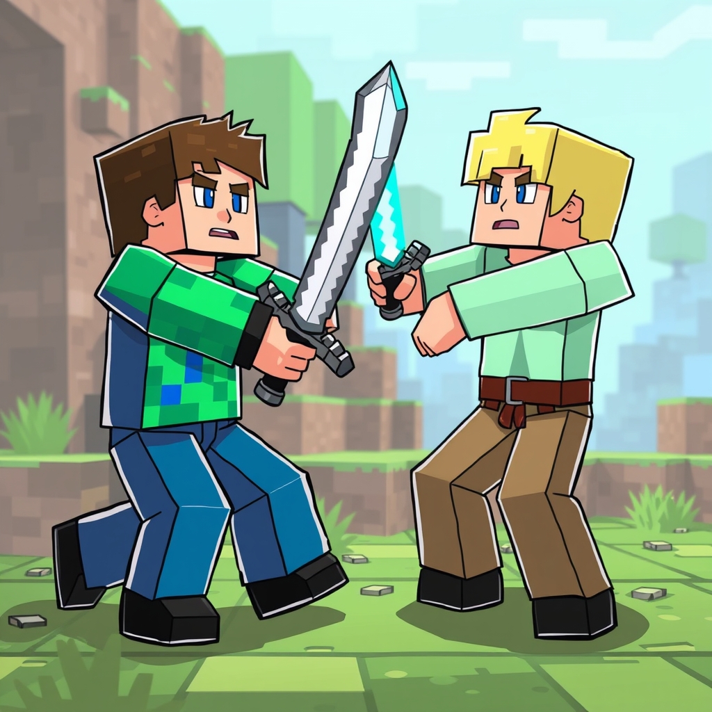  ماینکرافت  در حالی که استیو:(با کفش سیاه شلوار آبی پورنگ لباس سبز ابی پورنگ با موهای قهوه‌ای شمشیر آهنی ) الکس:(کفش سیاه شلوار قهوه‌ای لباسی سبز کمرنگ با موهاي طلایی و شمشیر دایمندی) درحالی که دارند باهم مبارزه می کنند در اند20