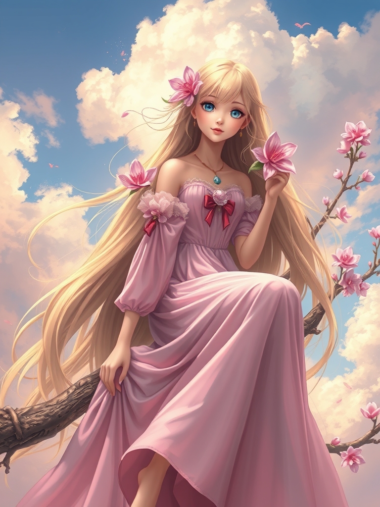 یک دختر زیبا با موهای خیلی بلند به رنگ طلایی با چشم های آبی که روی دستش شکوفه صورتی گرفته، لباسش بلند وپرنسسی وعروسکی هست، اون روی شاخه دختر نشسته وآسمان خیلی زیباست  9
