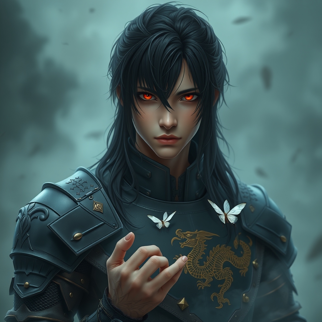 مردی جوان با موهای مشکی رنگ بلند که با چشمانی قرمز رنگ باشد که لباس جنگی مشکی رنگی بر تن داشته باشد که طرح اژدهای طلایی رنگ بر روی آن حکاکی شده باشد که بر روی دستش پروانه سفید رنگ باشد و پشت سرش هوای مه آلودی باشد22