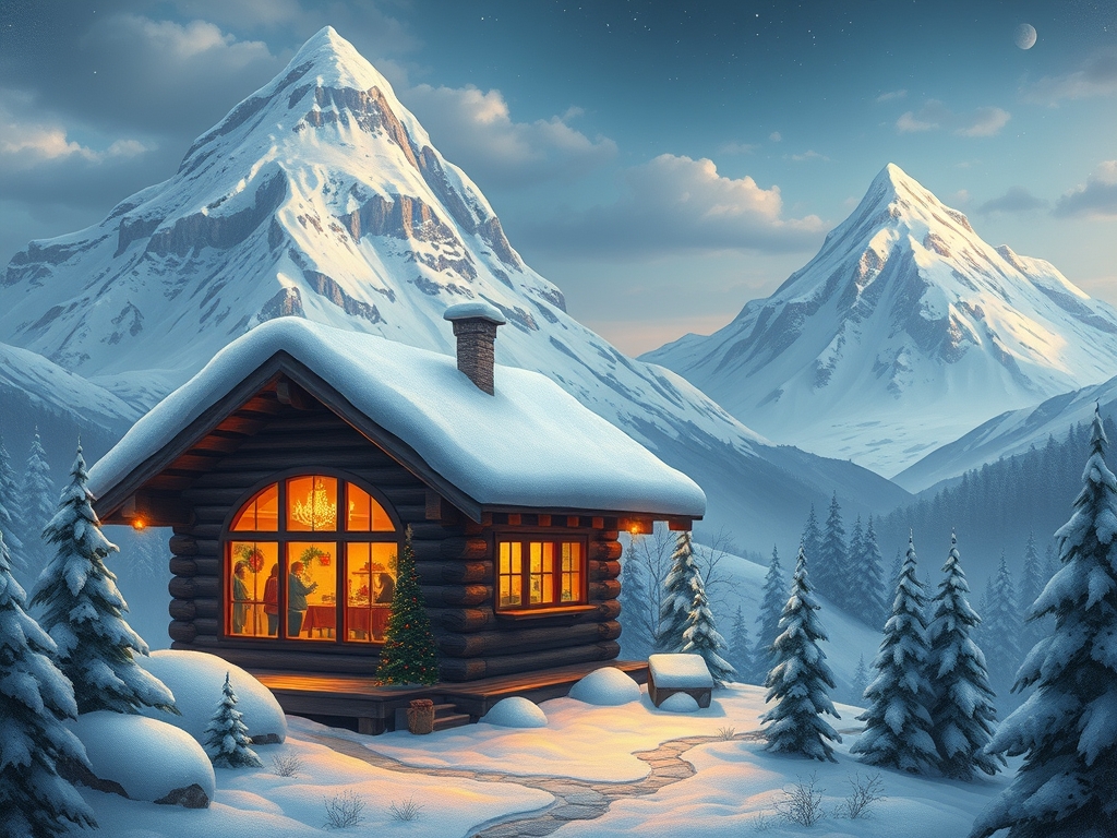 کلبه ی زیبایی کنار کوهی که روی آن برف هست از توی ی پنجره ی کلبه یک مهمانی مشاهده می شود8