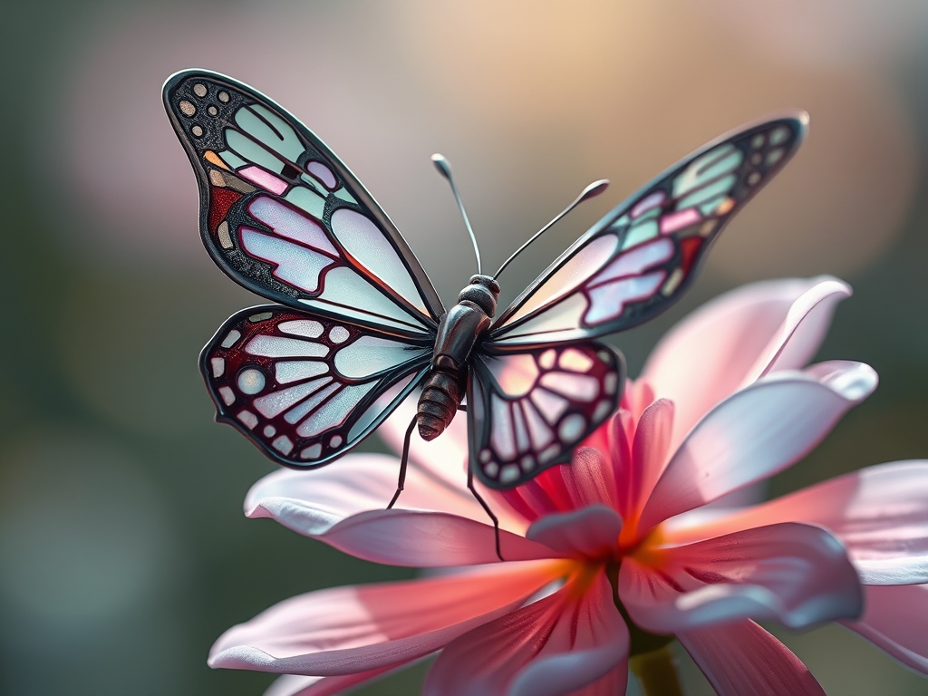 یک پروانه مکانیکی با بال‌های فلزی، نشسته روی یک گل درخشان.0