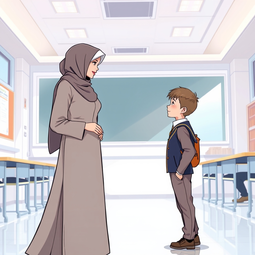 گفتگو معلم ریاضی با پسر با فرم مدرسه و انگیزه دادن به ان در مدرسه لاکچری و تمیز معلم با حجاب کافی و لباس شیک و موهای بور 14