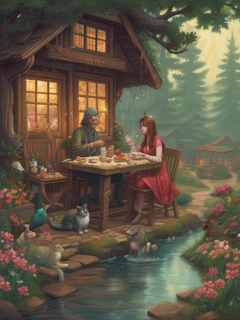 جنگل پر از گل و پرنده دونفر بیرون کلبه روی صندلی نشسته اند و دارن صبحونه می خورن و گربه و بچه هاش دارن سمت اون دونفر میرن و بارون می یاد و هوا یکم سرد شده و دوتا اسب و یه دکه کنار کلبه توش پر اب هست و اردک توشه9