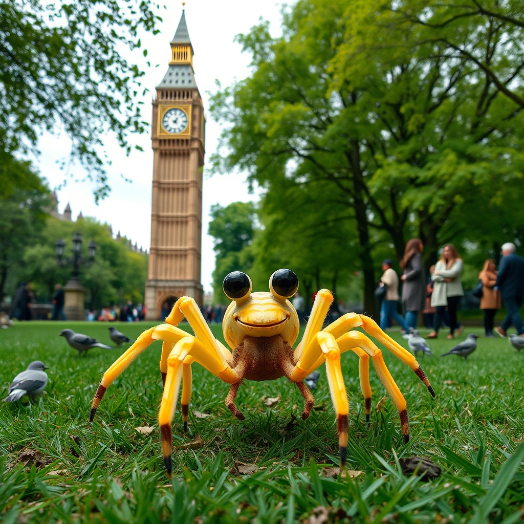 سلام دوست خوبم
لطفا با دقت به حرف هاي من گوش کن من می خواهم یک ۱۰ عکس درباره یک عنکبوت درست کنم و لطفا  فقط درباره این عنکبوتی که بهت می گم کار کنیم.لطفا یه عنکبوت نوار زرد رنگ و بدن برنگ کرمی  با ۸ عدد پا و دو چشم بزرگ روی صورتش باشه و آرواره نداشته باشه صورتش خندان باشه  برام در کنار برج ساعت لندن در یه پارک سرسبز و زمینه پارک پر از پرنده و آدم ها باشند طراحی کن لطفا روی زمین باشه و قشنگ باشه 5