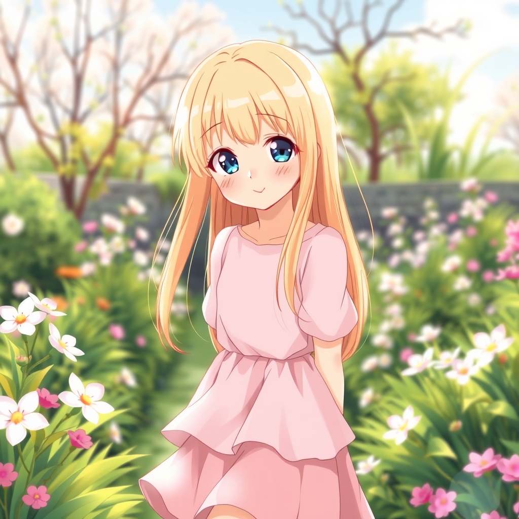 دختری در بهار بود موهای بلوندو صاف بلند و چشمان آبی پوستی سفید زیر نور خورشید در گلزاری بزرگ و لب هایی صورتی و ملایم وکه لبخند ملایم آرومی زده بود که لباسی صورتی کم رنگ داشت با دامنی صورتی و کفشایی قرمز3