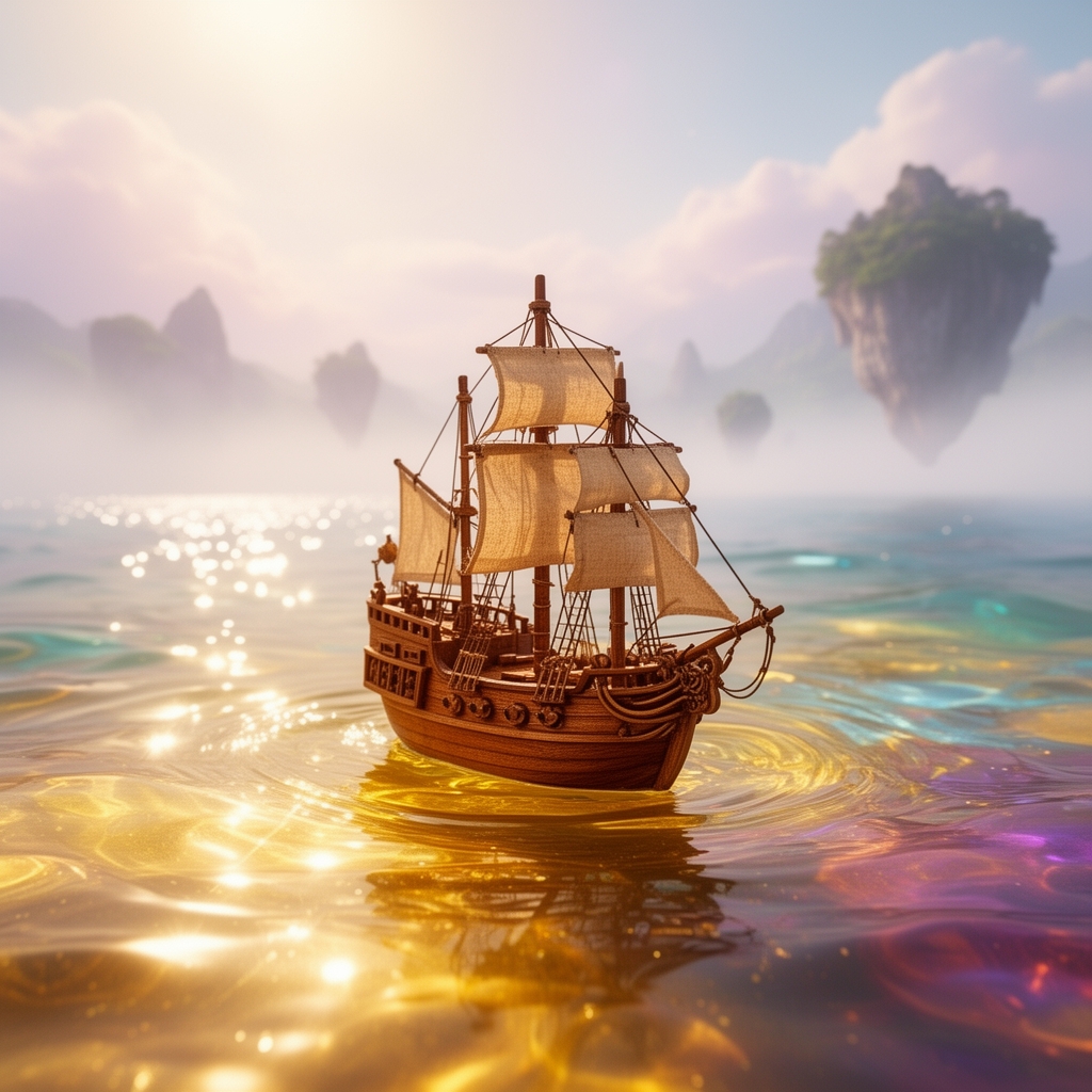 یه کشتی کوچک و مینیاتوری و زیبا و کار شده چوبی در آب طلایی و رنگارنگ دریا فانتزی مینیاتوری و سبک واقعی با پردازش نور های طبیعی 1