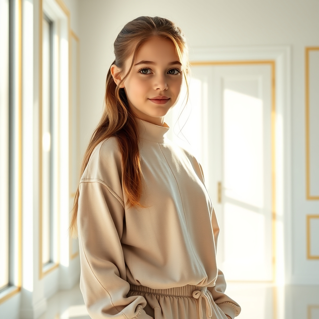 دختر خوشگل با لباس اسپرت در خانه ای مردن سفید وطلای
6