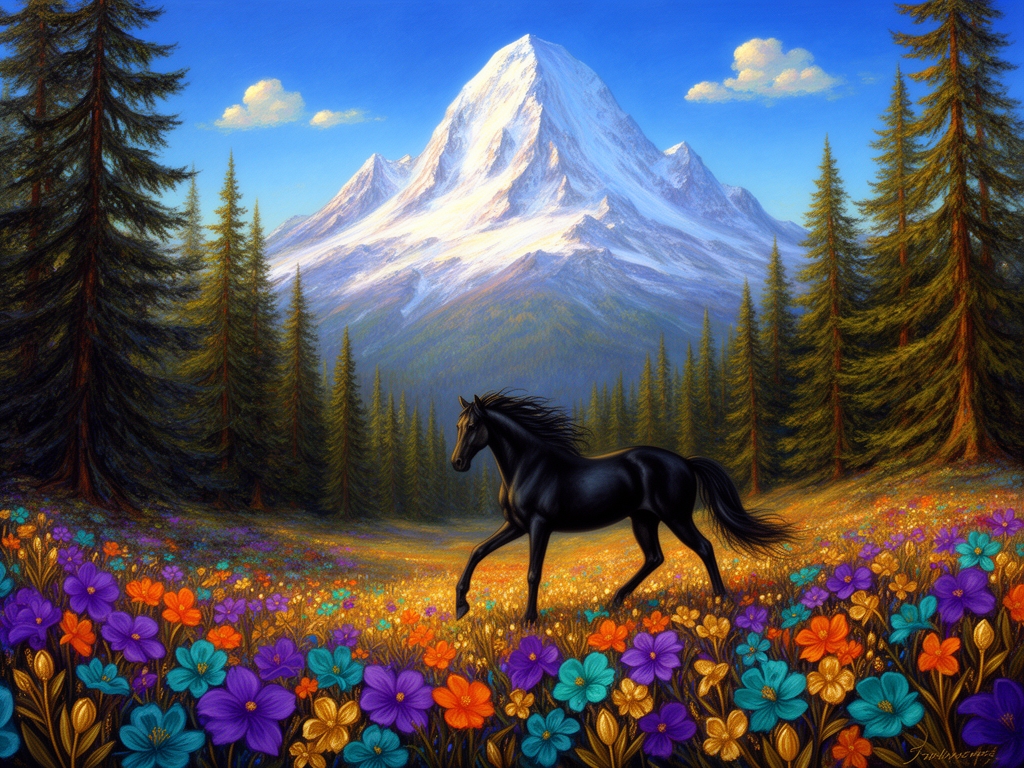 کوهی بلند و زیبا که بر کوه برف نشسته لست به سطح زمین که نگاه میکنیم طبیعت زیبا و با درختان کاج و بلند دیده میشود که سطح زمین پر از گل های به رنگ های کمیاب پوشیده شده است و اسبی مشکی در حال قدم زدن میان گل هااست و آسمان آبی و زیبا و چند ابر کوچک در آسمان وجود دارد به سبک پست امپرسیونیسم 5