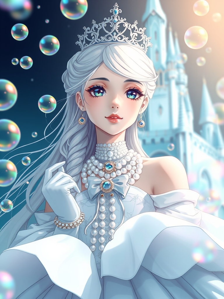 خواهر یک ملکهی جوان حباب ها زیبا و خوش اندام و جذاب با جواهراتی گرد دایره ای مانند در گردنش مروارید هایی کنار طلا و مویش رنگ سفید و یخی مخلوط که کنار مروارید بافته شده و با کشی مرواریدی بسته شده و دست کش سفید پوشیده و تاج هم دارد و لباس سلطنتی حبابی پوشیده و مویش بلند است زیبا باشه و پس زمینه پر از حباب های بزرگ و کوچک است و در پشت ملکه قصری آبی یخی رنگی وجود دارد 14