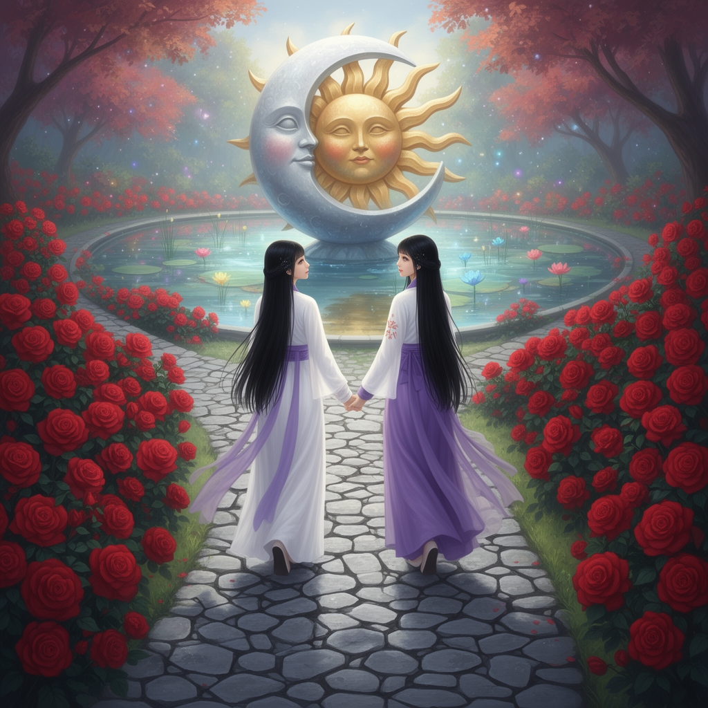 یک مسیر طولانی که راهش از سنگ هایی که شکل مختلف هستن و رنگ خاکستری دارن پوشونده باشه و بوته های گل رز قرمز که دور آن است و حوض بزرگی که یکا مجسمه ی خورشید و ماه که به هم چسبیده اند و دو دختر قد بلند و موهای مشکیه بلند تا جای کمر که با لباس سفید و بنفش ست مثل لباس های هانفو( چین )دراند و دست هم رو گرفتن و در این مسیر راه میرن و به عقب نگاه می کنن4