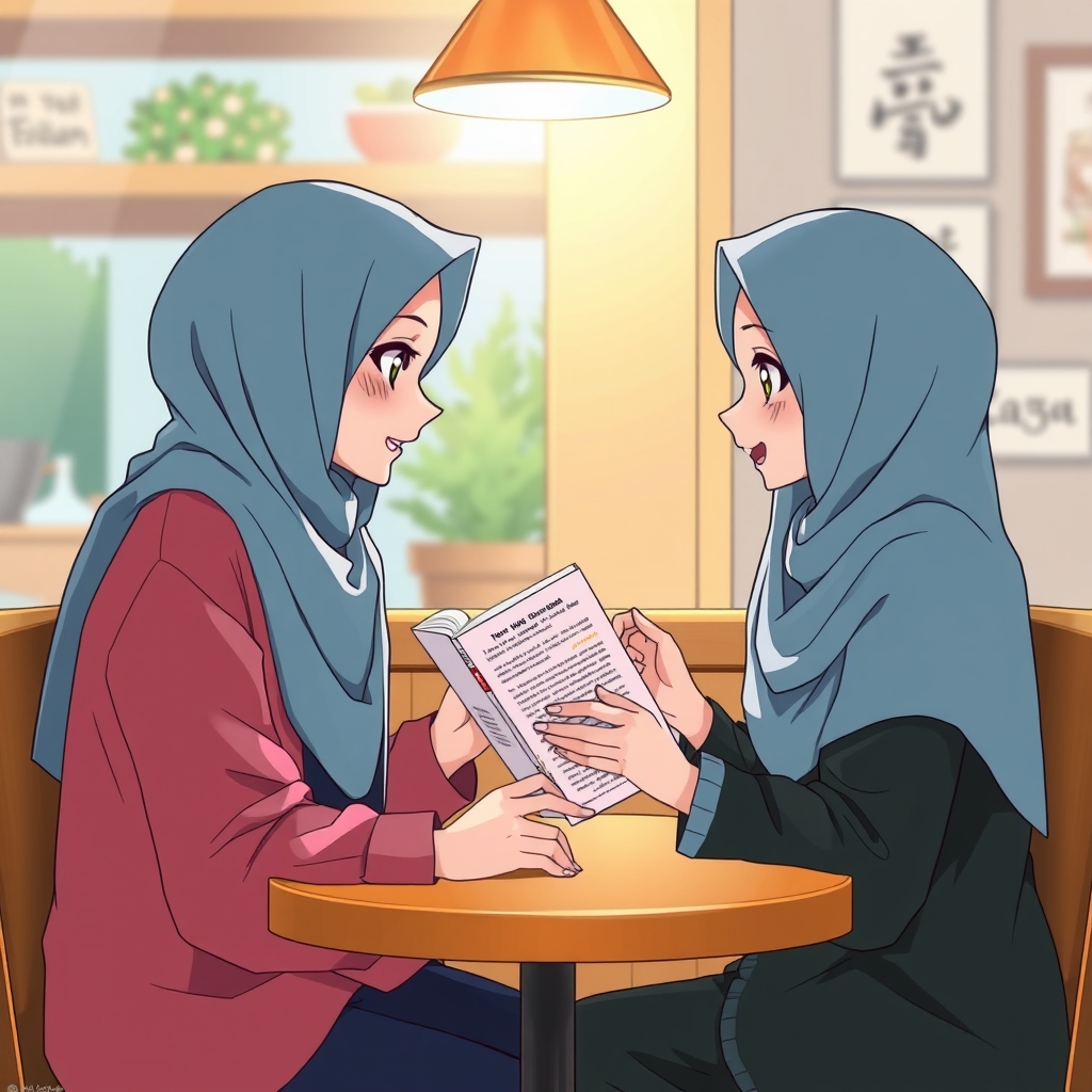 دوتا دختر باحجاب داخل کافی شاپ که یک کتابچه بین شان هست و مشغول صحبت درباره آن هستند 0