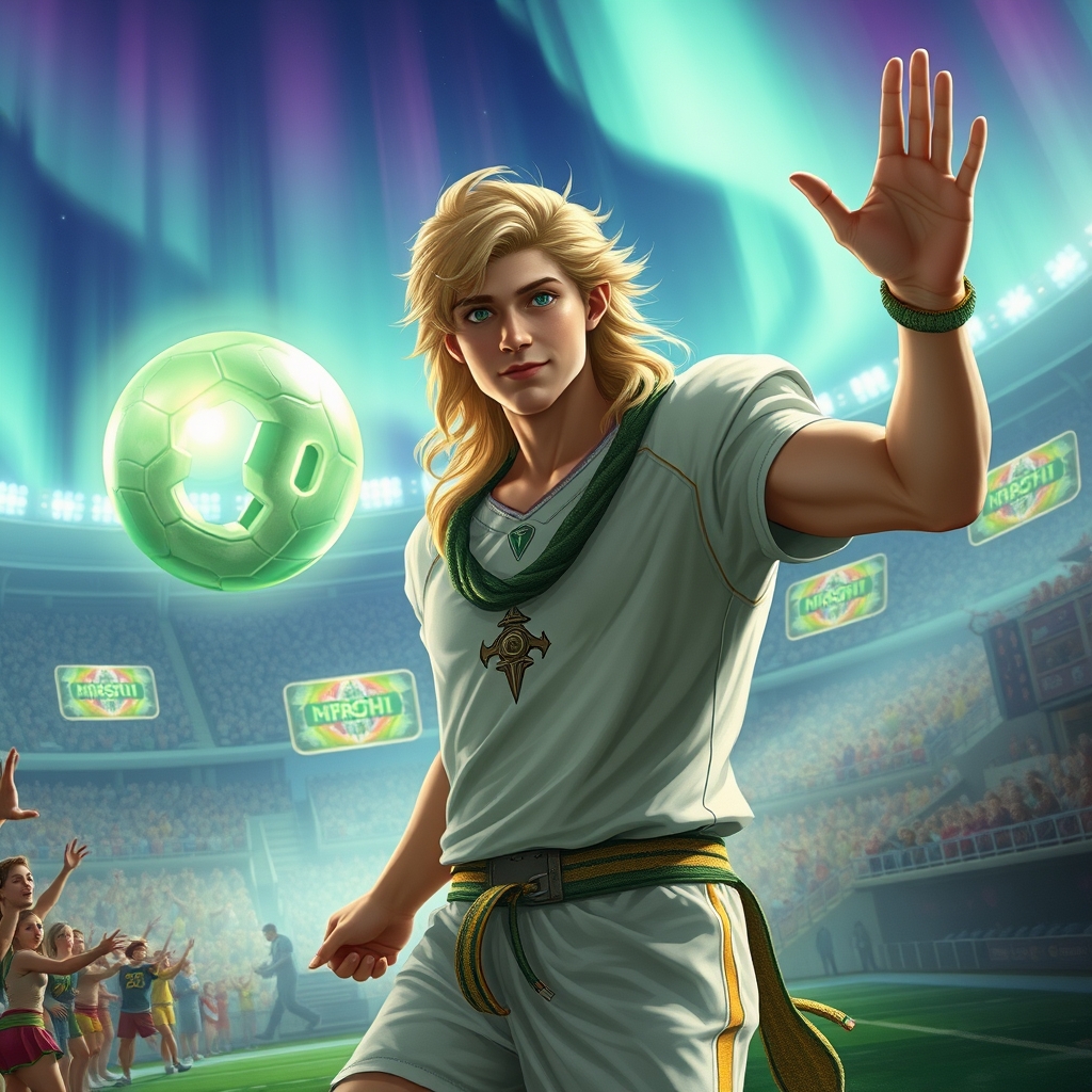 پسری باچشمای سبزباموهای زرد جذاب وقدبلنددرحال بازی فوتبال ودست تکن دادن با طرفداراش.20