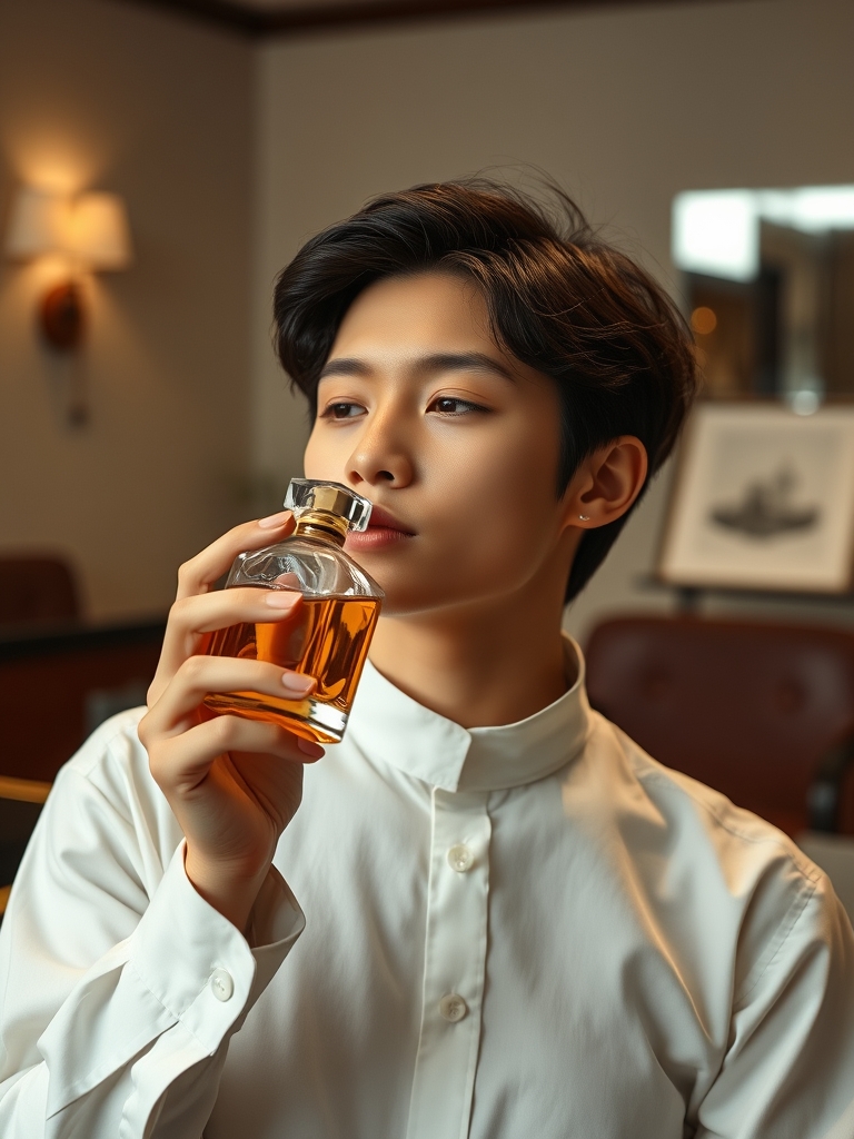 یک جوان با پیراهن سفید و یک شیشه عطر در دست که از بوی عطر تلخش داره لذت میبره با پس زمینه یک فضای اداری3