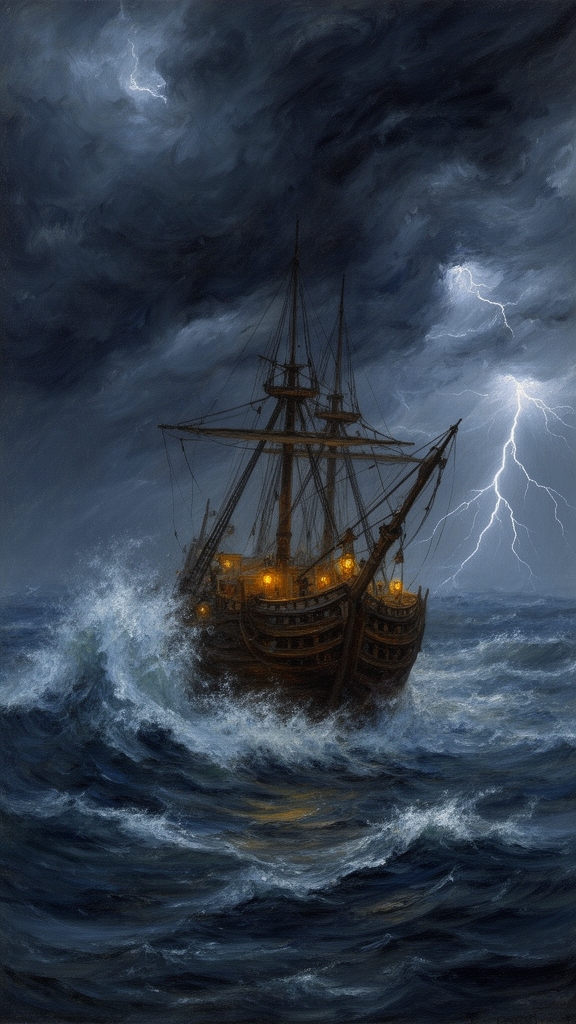 کشتی قدیمی در دریایی طوفانی1