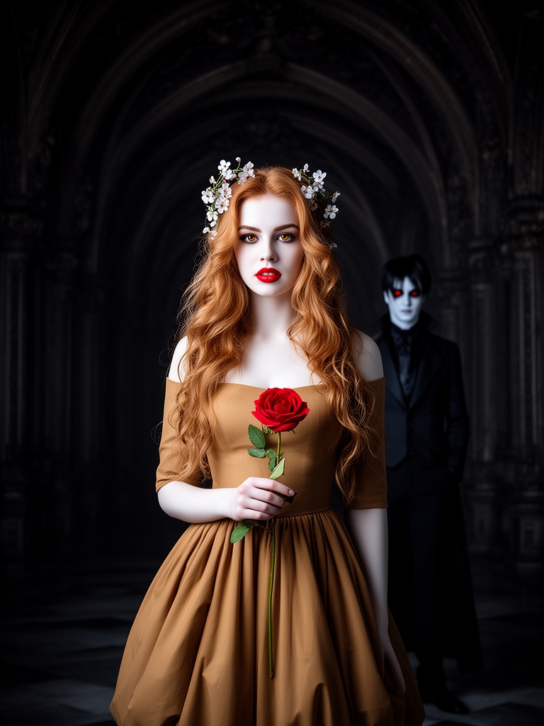 زیباترین زن جوان در جهان حتی در رویایی که شکوه خدا را داشته باشد که نظیر آن در دنیا نباشد و همه به او از شدت زیبایی به او سجده کند که با موهای خرمایی حالت‌دار  بلند  و با چشمان عسلی  و با لبانی سرخ  و با پوستی سفید به رنگ برف که پیراهن کرمی دامن‌دار کمی پفی رنگ زیبایی باشد که لای موهایش شکوفه زیبایی باشد و در دستش گل رز قرمزی باشه و پشت سرش تالار تاریک و اسرارآمیز و پشت سرش مرد جوان خوناشام هیولا مانندی با چشمانی سرخ و و با موهای مشکی رنگ با قامتی بلند وبا پوست سفید 1