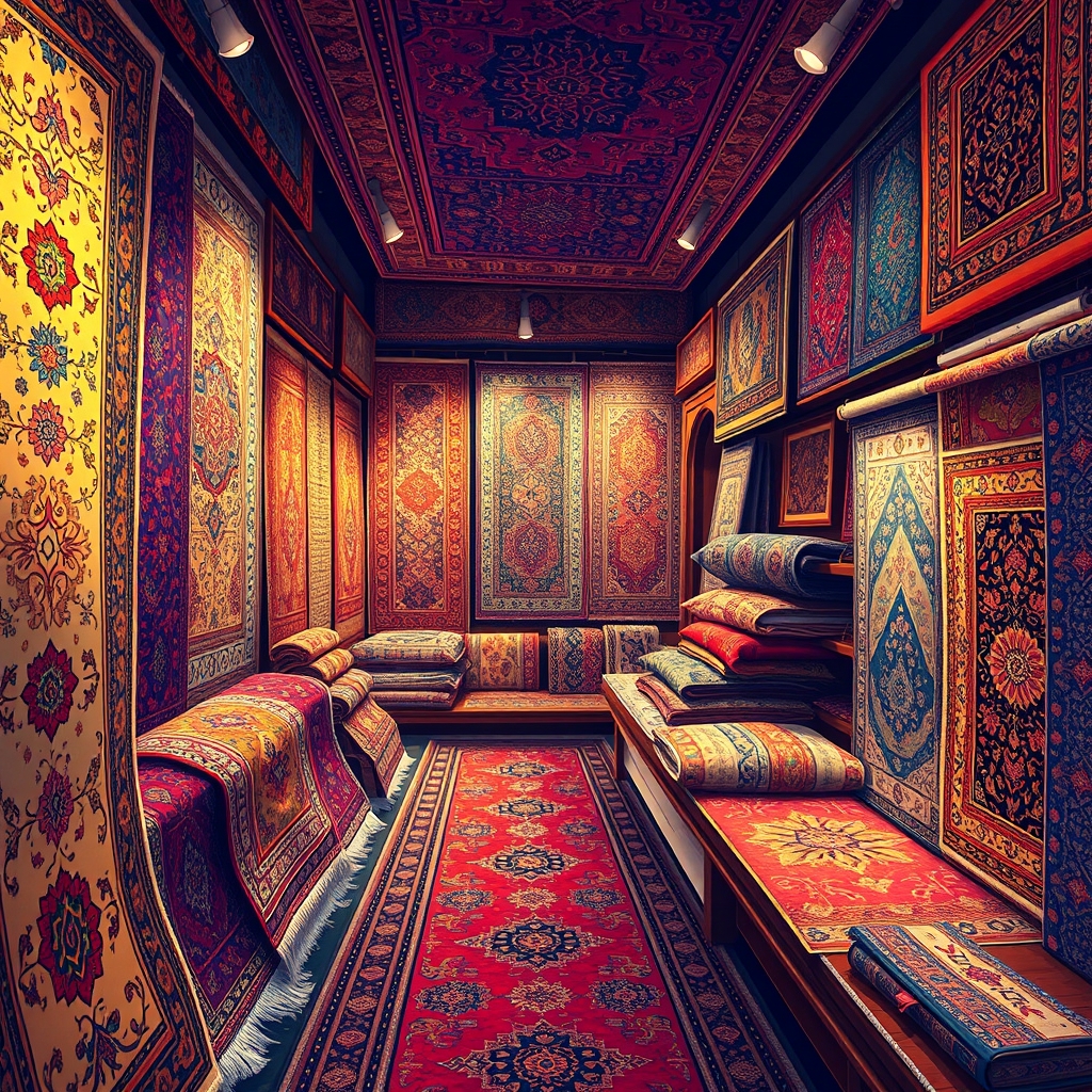 یک فروشگاه قالی ایرانی پر از طرح‌ها و نقش‌های زنده و سنتی.9