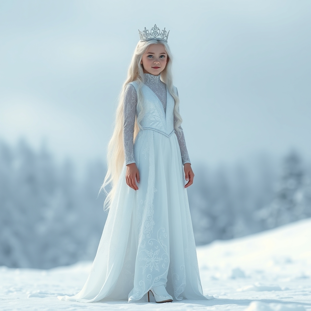 ملکه ی برفی. دختری با موهای سفید بلند و مژه های سفید و  لباس پرنسسی سفید براق خوشگل با تاج نقره ای کوتاه با کفش پاشنه بلند سفید که در زمین برفی زیبا است با پوست به سفیدی برف20