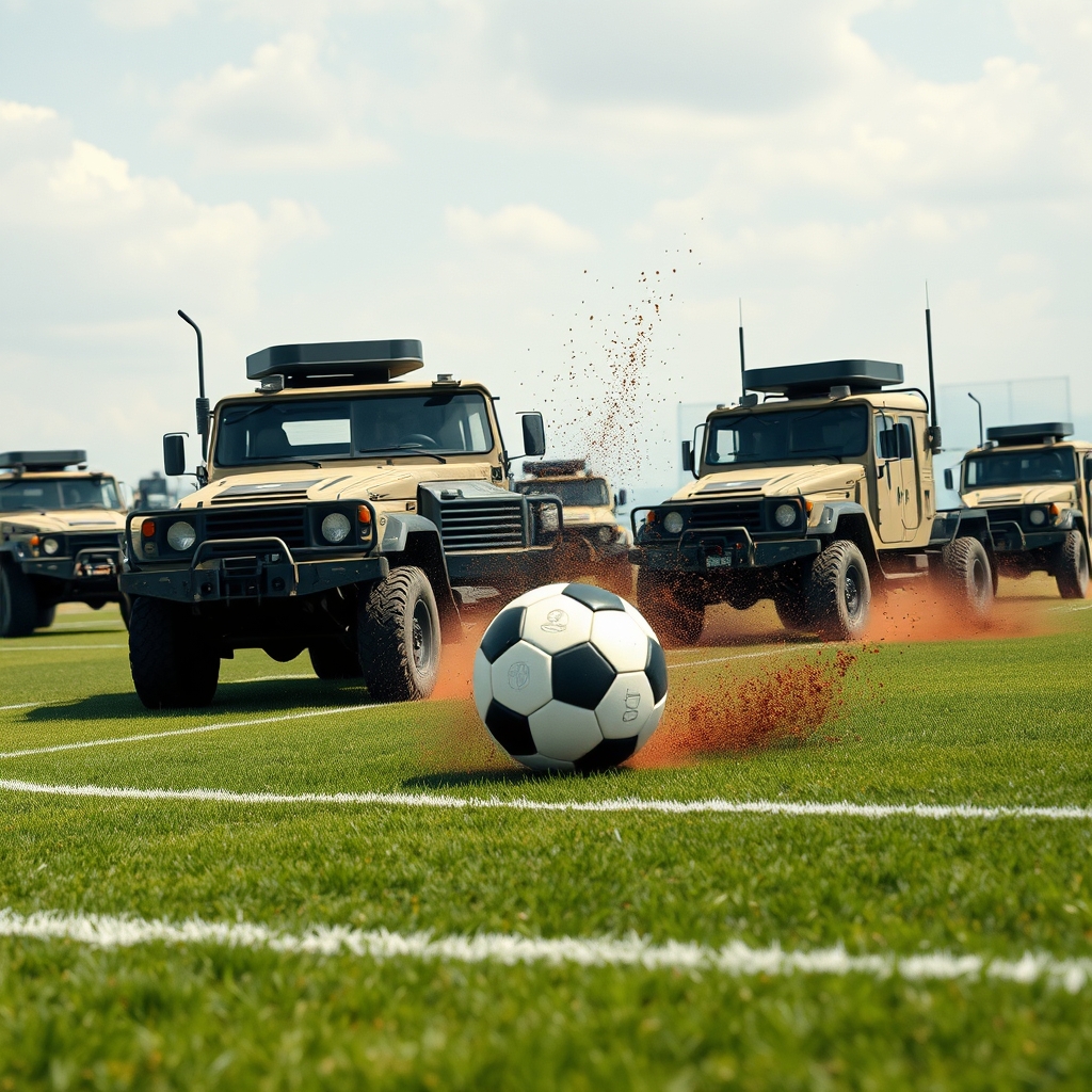 ماشین های Of road جنگی در زمین فوتبال درحال فوتبال بازی کردن 13