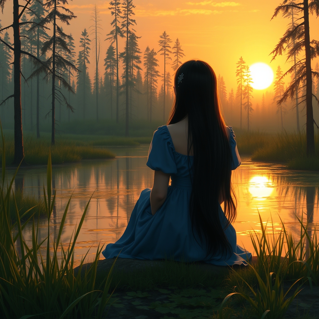 یه مردابی که خیلی زیباست ودختر کنارش نشسته وداره غروب رو تماشا میکند وموهی بلند مشکی وپیراهن آبی که پشتش به من باشد درختانی هم در آن اطراف هم باشد23