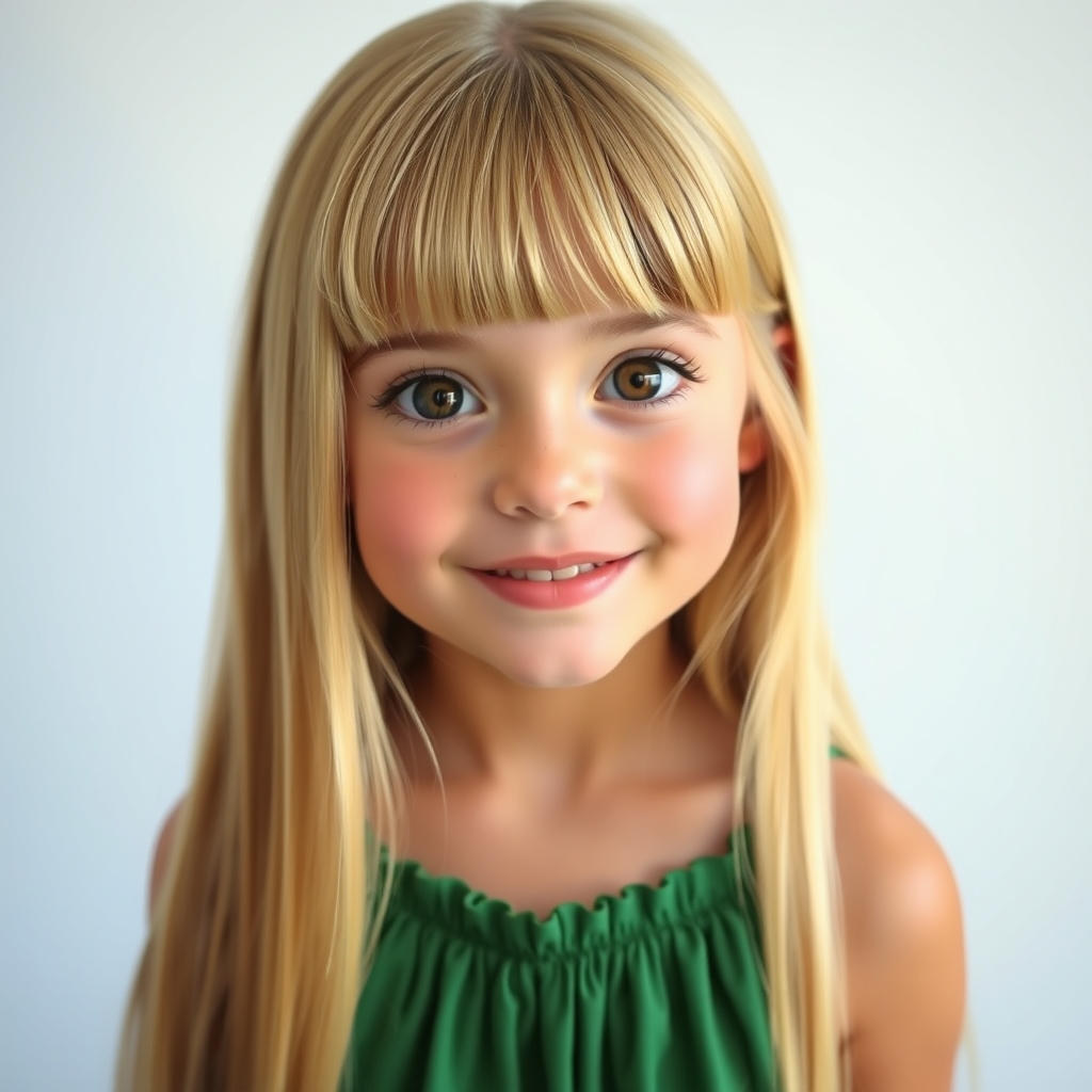 یک دختر با موهای میشی بلند و صاف که جلوی پیشونیش چتریه و چشمای عسلی درشت و با لبخند و سارافون سبز 15