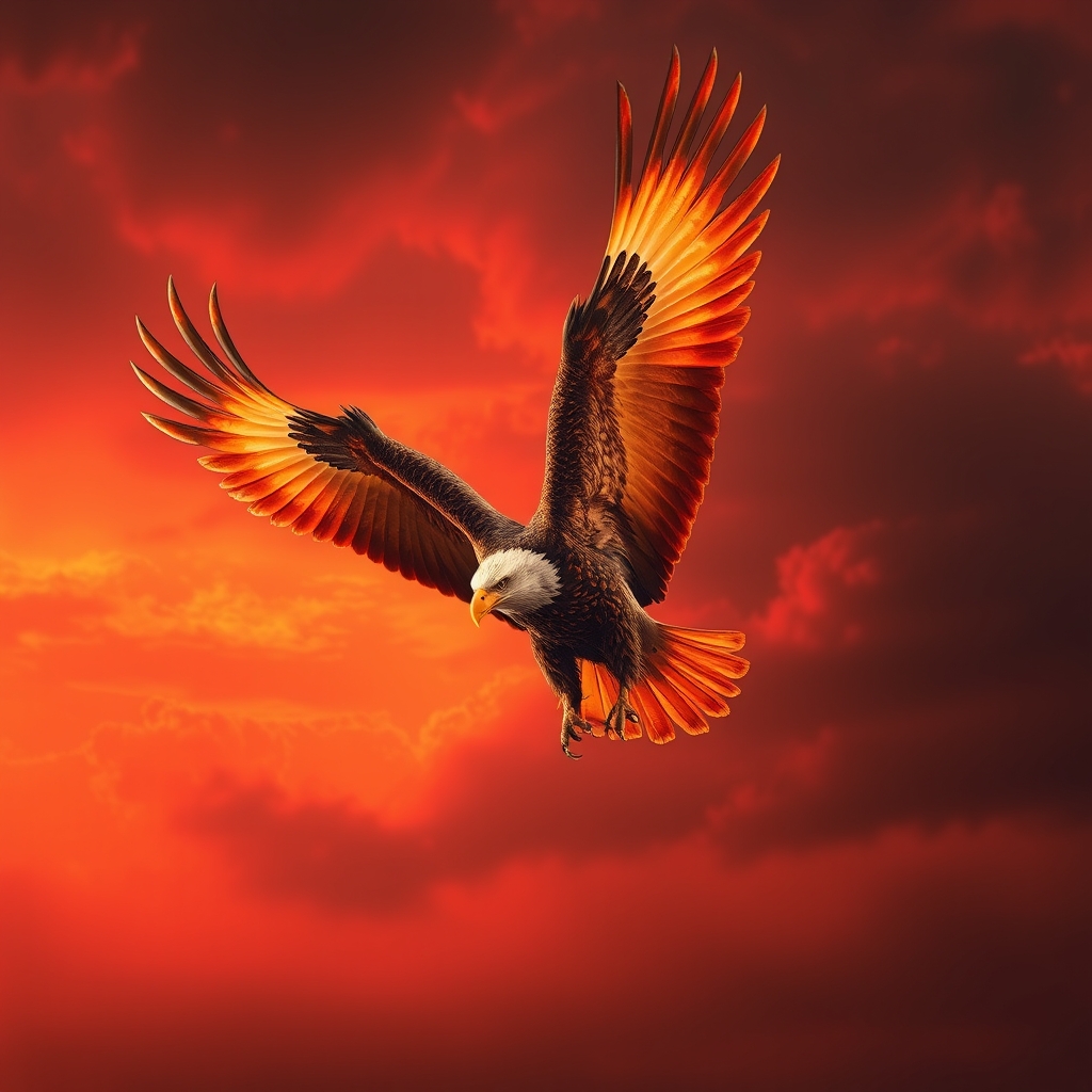 یک عقاب باشکوه با پرهایی از جنس آتش، در حال پرواز در آسمان قرمز نمایشی.4