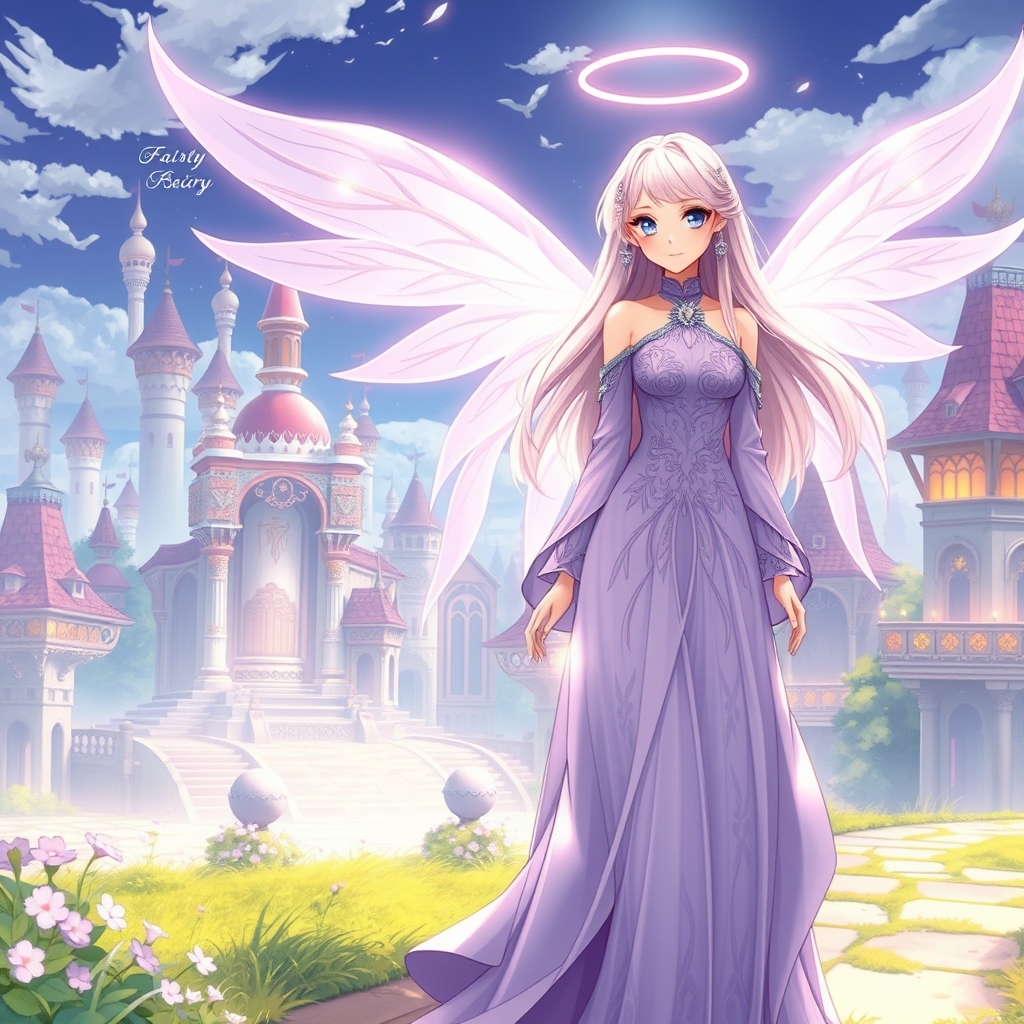 عکس یک فرشته ی زیبا .فرشته خیلی زیبا باشد با چشمان یاسی .موهای صورتی بلند و پریشان لخت .لباس های بلند یاسی رنگ زیبا و مدل دار که در شهر پری ها راه مرود و شهر زیبا ی خودش را نگاه می کند 4