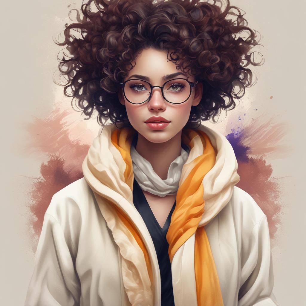 دختر مو فرفری با شال کرم با مانتوی کرمی با شلوار لی مشکی با عینک8