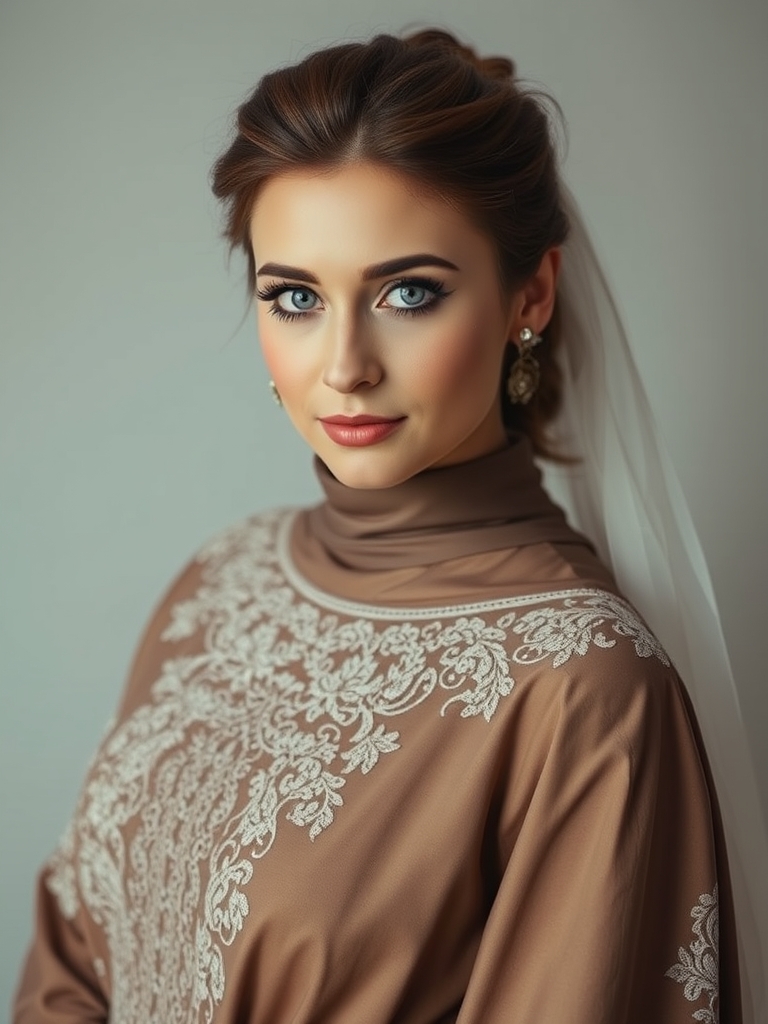 یک دختر با ارایش روسی با لباس عروس عربی و موهای خرمایی و بسته با رنگ چشم های طوسی3