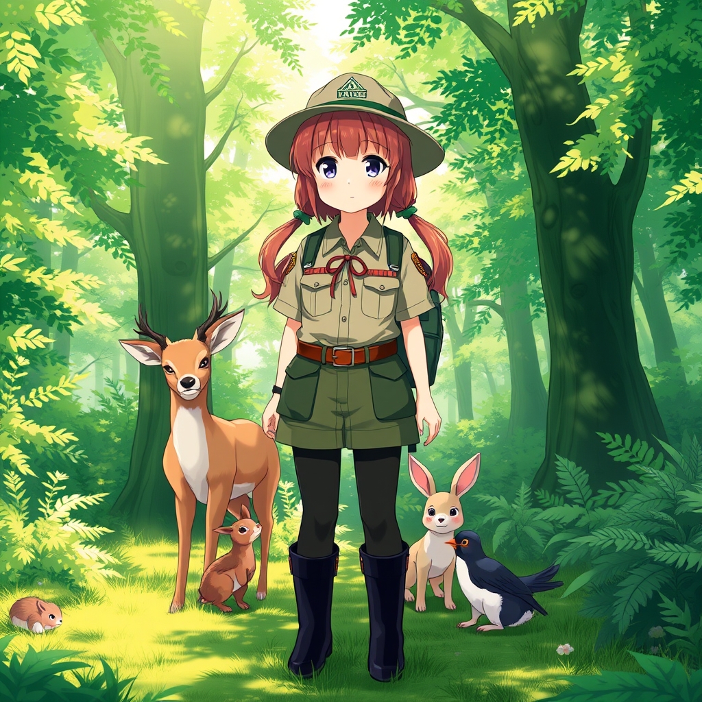 عکس یک دختر با لباس جنگل بانی با بوت های مشکی کا در وسط جنگلی سرسبز ایستاده و حیوانات پشت سرش ایستاده اند9