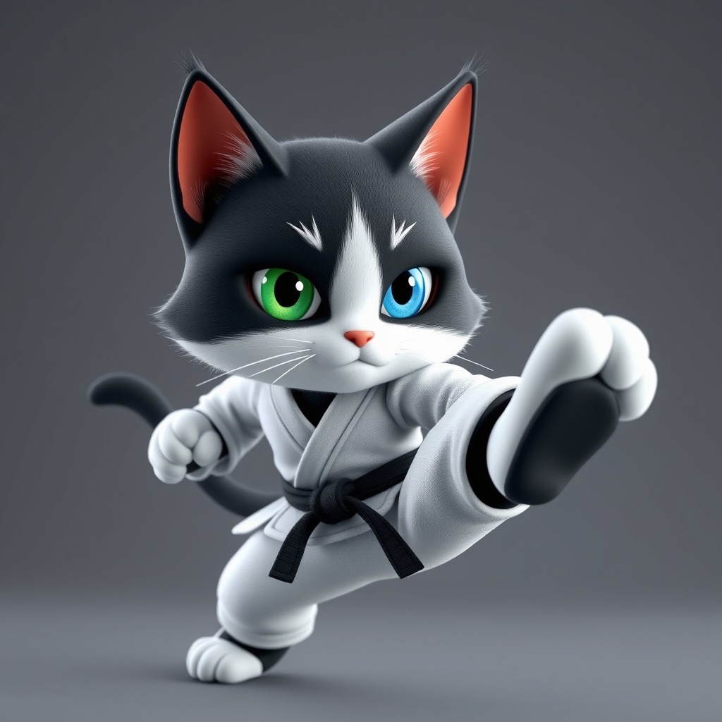 یک گربه مشکی سفید که یک چشمش سبز و چشم دیگرش آبی است  که لباس کاراته با کمربندی مشکی که دارد روی دزدان لگد میزند 5