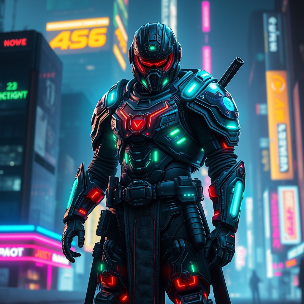 یک جنگجوی سایبرپانک آیندهنگر با زره نئونی، ایستاده در منظرهای از شهر نورانی، پسزمینه شب، با رنگهای زنده و جزئیات زیاد.3