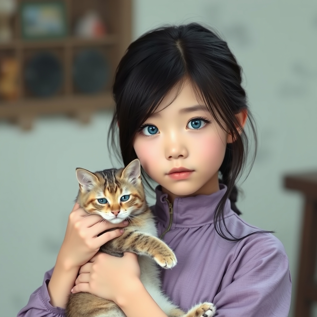 یه دختر کره ای  که چشمهای او آبی وبلوز بنفش که در دست او یک گربه است3
