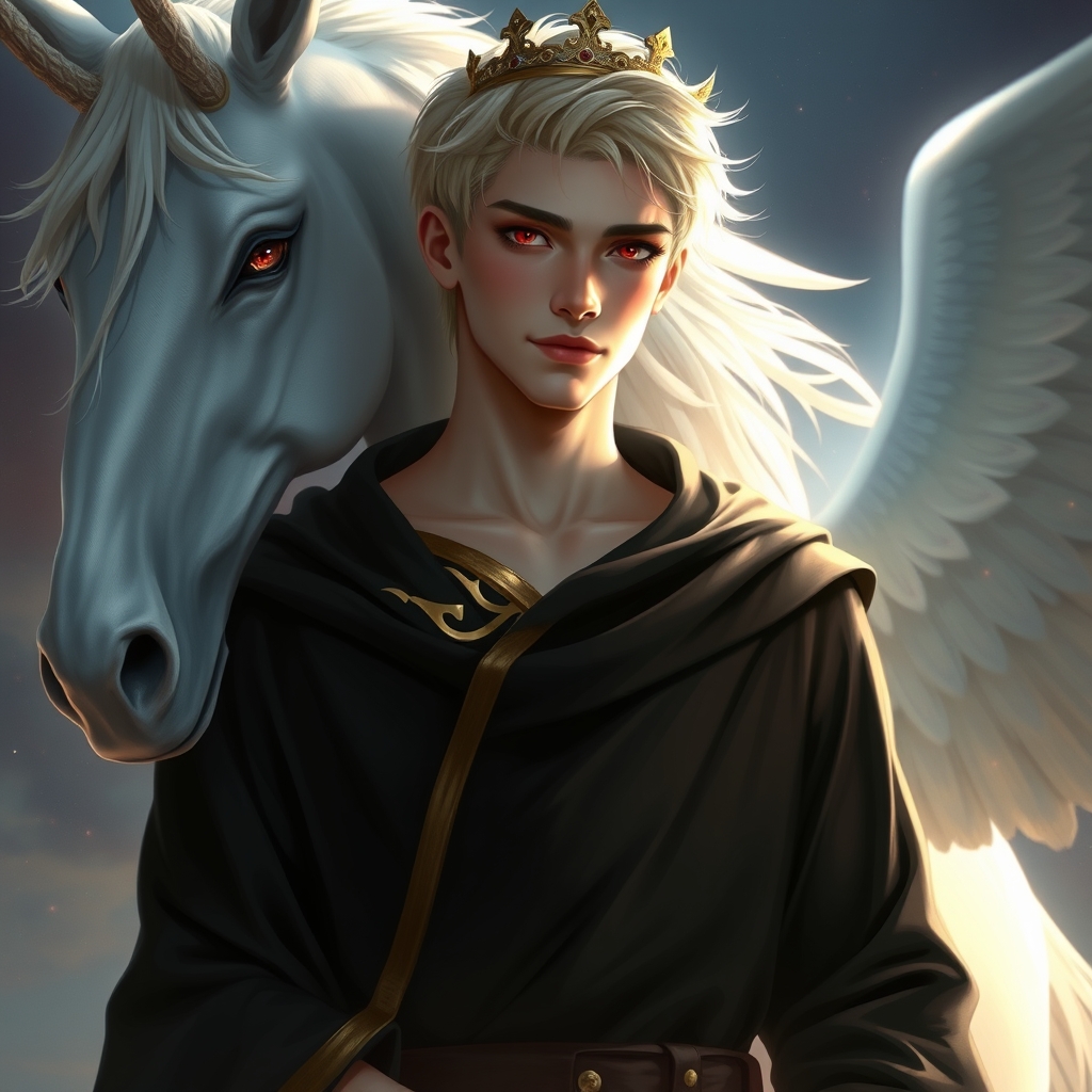 و در کنارش یک ققنوس برخاسته  درخشان، با بال‌هایی آتشین زیباترین مرد جوان در جهان حتی در رویایی که شکوه خدا را داشته باشد که نظیر آن در دنیا نباشد که از شدت زیبایی همه بهش سجده کنند که با چشمانی قرمز رنگ که مردمکش کشیده باشد و با پوستی سفید همانند ماه باشد که با موهای طلایی رنگ نچندان بلند و نچندان کوتاه باشد که زیبا ترین شنل سلطنتی  مشکی با طلایی اکلیری رویایی برتن داشته باشد و تاجی از طلا بر سر داشته باشد  ببینم رویایی چیکار می‌کنه و در جایی اسرارآمیز باشد16