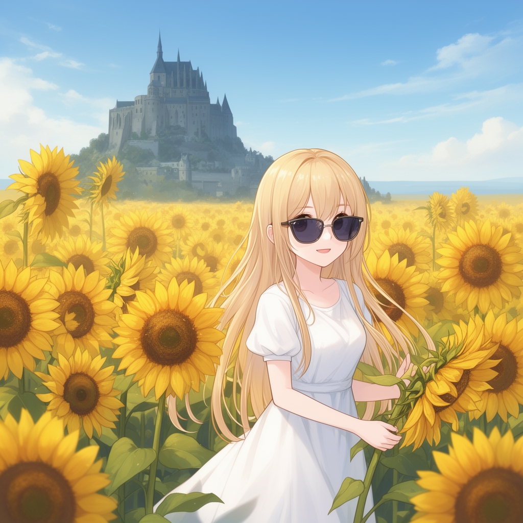 دختر انیمه زیبا با موهای بلوند و پیراهن سفید با کلاه آفتابی در مزرعه آفتابگردان و قصری در پس زمینه5