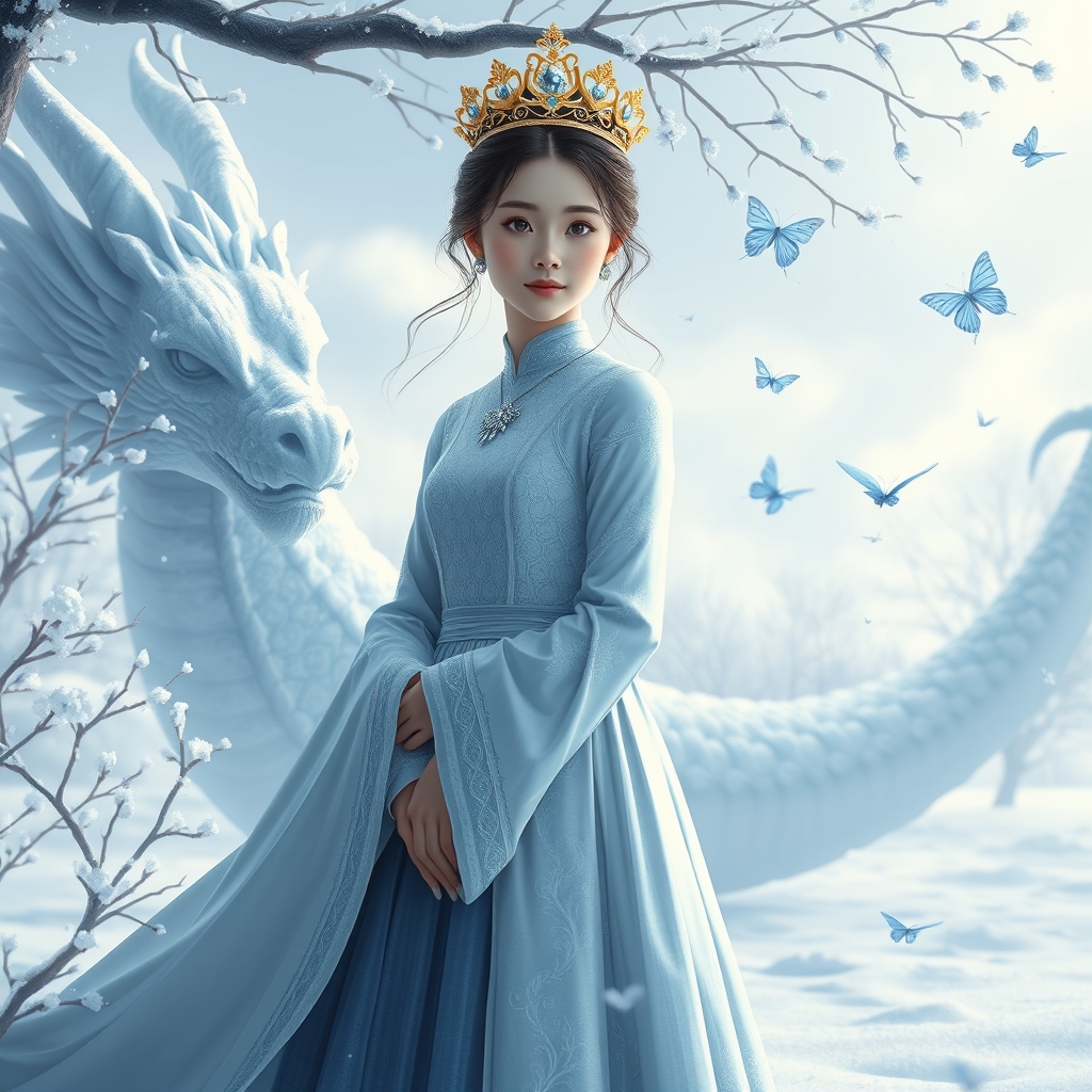 دختره جوان زیباترین بانوی جهان همینطور در هوش مصنوعی رویایی با استفاده از حالت دار زرد براق وچشم های  ابـــی که مردمک در دریا باشند و با پوستی سفید همرنگ برف با نوع قرمز لبی سرخ با لباسی سلطنطی با مدل ابی ناز و نقره ای جواهر دوزی شده با تاج طلایی با نوشته پشتت دختر نور یک جا نیم رخ وایستاده و اژدهای خیلی بزرگ از یخ کنارشه بادی ملایم با برگ های ابی درخشان  لباس دختر موی دختر در حال رقصیدن هستن دختره وایستاده پروانه های زیبا دورو بر دختره و کرم شبتاب های زیبا دور درختان حالت سجده دارند از بس که   زیبا و باشکوه هست   
تصوری زیبا و با شوکوه 0