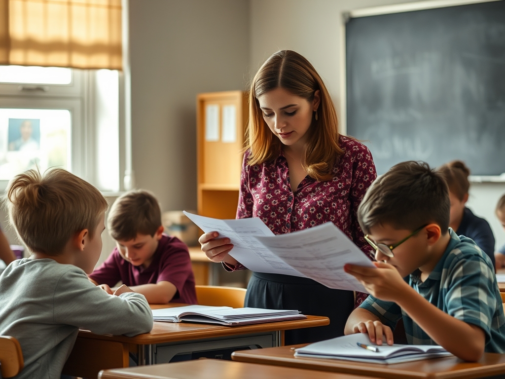 خانم معلم که داره از بچه ها امتحان میگیره و بچه ها دارن برگه امتحان رو نگاه میکنن1